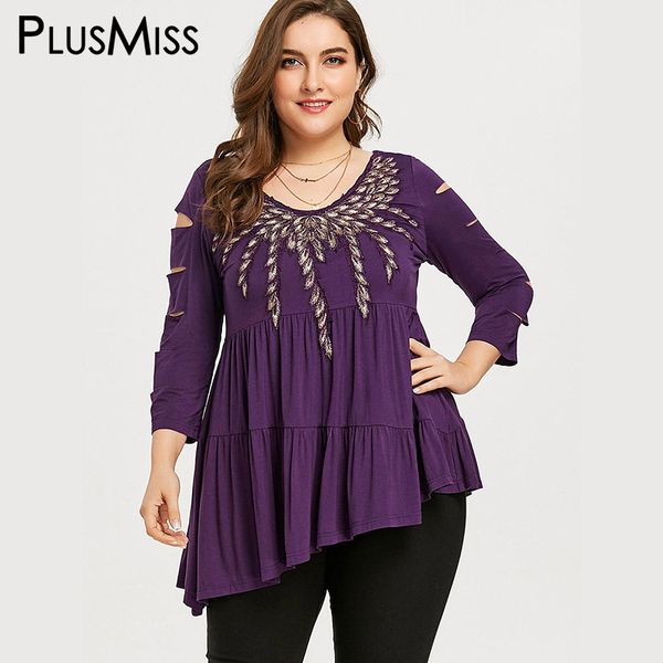

plusmiss plus size 5xl embroidered shredding ripped tunic women clothes big size vintage embroidery loose blouse summer 2018, White
