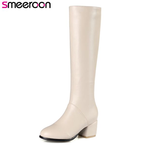 

smeeroon new popular knee high boots autumn winter boots for women round toe med heels ladies shoes big size 34-43, Black