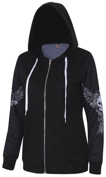 

Patchwork Hoodies Sweatshirt Women Angel Wing Skull Print Zip Up Hoodie Punk Casual Lace Up Hooded Pullover Top Sudaderas Mujer