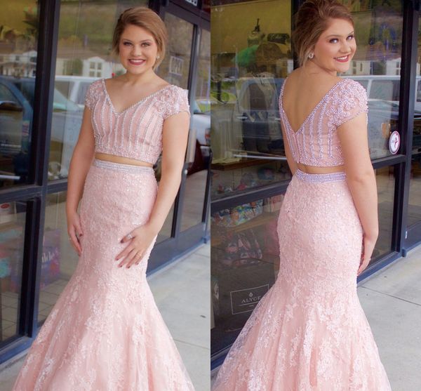 

gorgeous pink two pieces prom dress mermaid evening formal gowns with short sleeves pearls lace applique backless pageant dress, Black