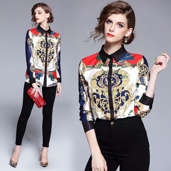 

dropshipping baroque print collar button font long sleeve shirt blouse women ladies casual ol office workwear spring summer fall runway new, White