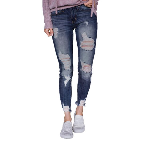 

women's wear new high-waisted, ripped, tight and small feet size long jeans for women, Blue