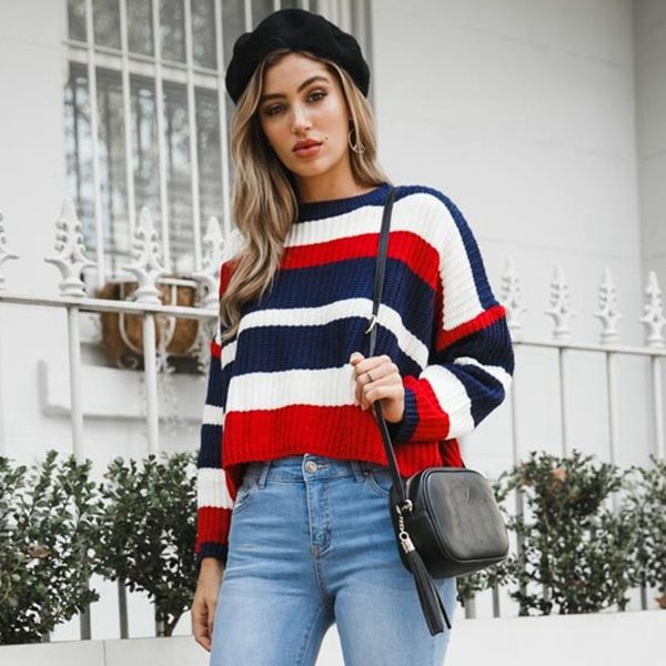 

loose stripe knitting sweater autumn winter 2018 vintage elegant short street wear long sleeve pullover women sweater, White;black