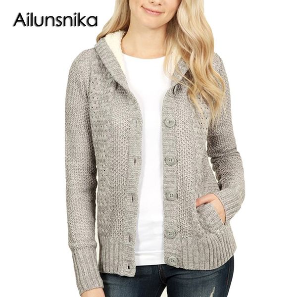 

ailunsnika winter long sleeve slim knitted cardigan button hooded sweater hollow out solid women casual coat with pocket dl27885, White;black