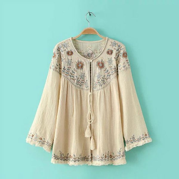 

vintage outerwear cardigans ethnic cape blouse shirt women long sleeve floral embroidery cotton linen tassel hem shirts blusas, White