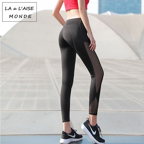 

women mid waist breathable yoga pants tummy control workout sport leggings women's active wear running tights mesh jogging pants, White;red