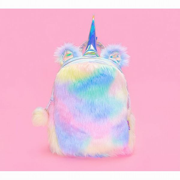 

plush unicorn hologram backpacks women laser mini double shoulder bag kawaii lolita student rainbow fur backpack with cute