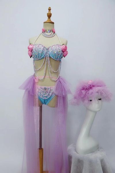 

pink roses flower crystals bikini stage costumes female singer dancer rock jazz performance dance suit bar party show, Black;red