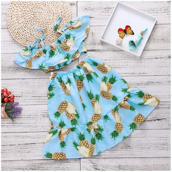 

baby girl pineapple printed lotus collar dress set baby summer cotton blends skirts suit kids children clothes zht 023, White