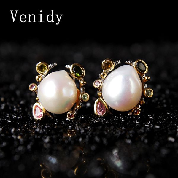 

venidy pearl jewelry, natural baroque pearl earrings freshwater pearls sterling silver jewelry bohemian charms stud earrings new, Golden;silver