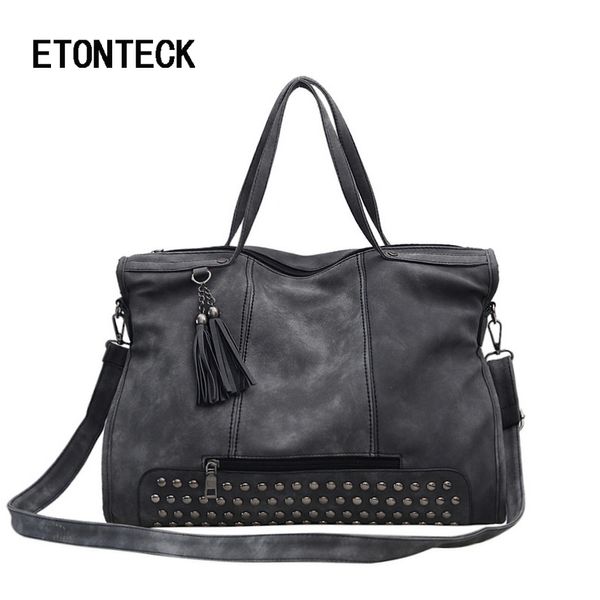 

etonteck vintage nubuck leather female handle bags rivet larger women bags hair ball shoulder bag motorcycle messenger bag