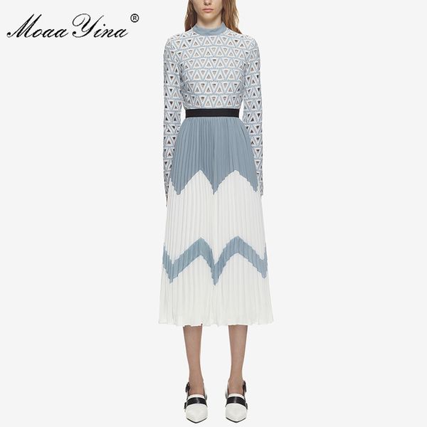 

moaayina 2018 fashion designer runway midi dress summer women stand collar long sleeve hollow out patchwork pleated casual dress, White;black