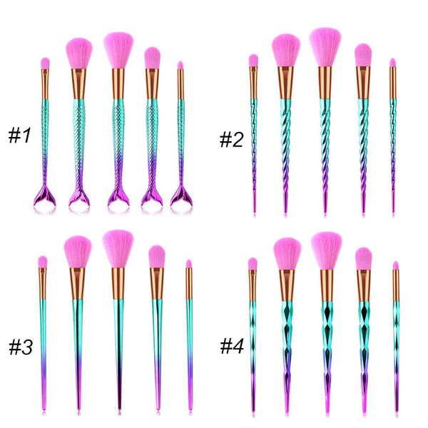 Conjunto de escova de maquiagem de gradiente colorido 5 pcs sereia profissional compõem pincéis kit para fundação pó facial occreador sombra