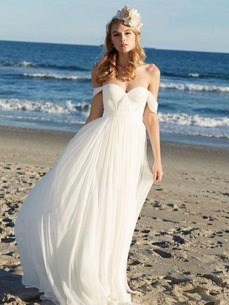 

beach wedding dresses pleats chiffon long sweep train zipper back off the shoulder summer chiffon wedding dresses bridal gowns cheap, White