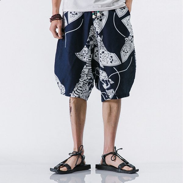 

black retro chinese dragon printed wide leg summer men linen casual shorts knee length loose shorts, White;black