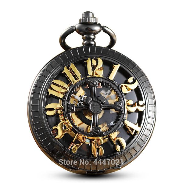 

black hollow mechanical pocket watch chains carving arabic skeleton fob watches steampunk for mens gifts relogio de bolso, Slivery;golden