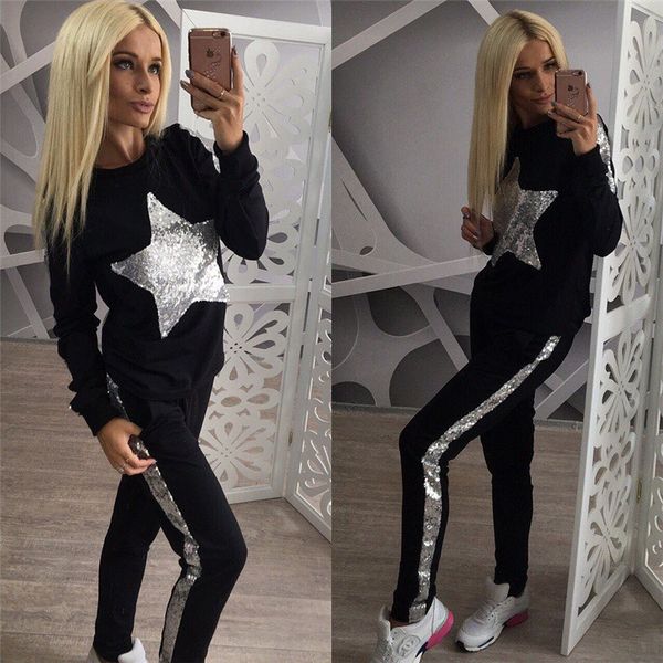 

summer autumn women tracksuits set 2 -pieces (sweatshirts +pants )silver star pattern long sleeve costume female suit set, Gray