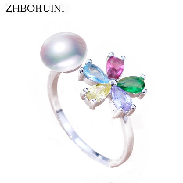 

zhboruini 2017 fashion pearl ring colorful flower natural freshwater pearl rings 925 sterling sier rings for women wholesale, Golden;silver