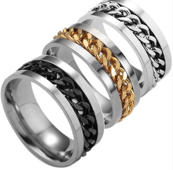 

lnrrabc 1pcs popular black/golden/ silver men rings stainless steel titanium chain rock size 6-12 jewelr