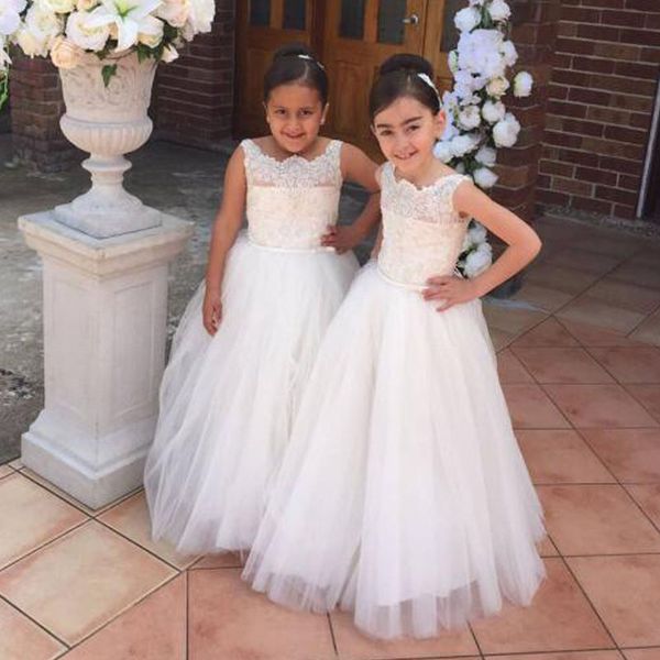 

2019 lovely flower girl dress sheer ruffled neck sleeveless beaded sequins lace appliques floor length tulle long girls wedding party gown, White;blue
