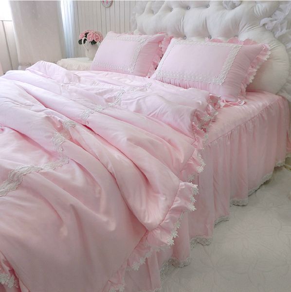 

sale 4pcs/set modal bedding set soft lace ruffle quilted duvet cover embroidery bedspread bedskirt wedding decoration bedding