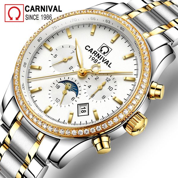 

carnival gold automatic watch men relogio moon phase mens mechanical watches malek clock calendar montre homme, Slivery;brown