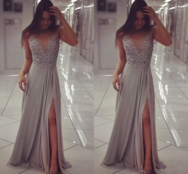 

серый шифон sheer вечерние платья 2019 new-line sexy high split роскошные бусы кристалл длинные формальные пром платья платье de noche e012, Black;red