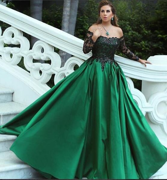 

a line satin long sleeve african prom dresses floor lace muslim long sleeve evening dresses 2019, Black