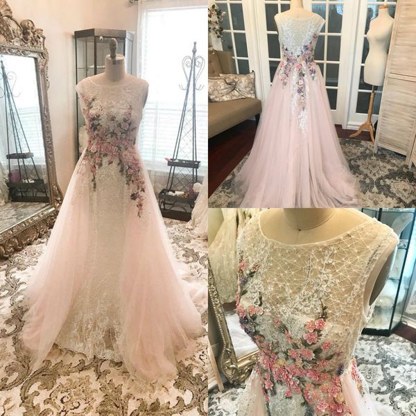 2019 fadas Vestidos de baile com trem destacável Jewel Neck Lace Pearls mangas vestido de festa que nivelam o desgaste imagens reais vestidos especiais