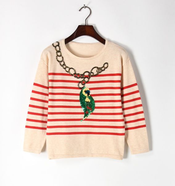 

2018 черный / абрикос полосатый попугай вышивка пуловер женщины Марка же стиль вяза