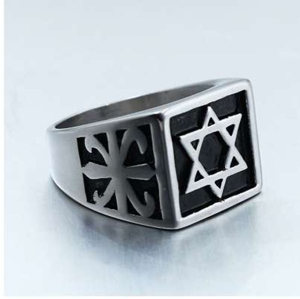 

yangqi stainless steel square medal hexagram ring for men hip hop rock jewelry antique silver magen david star ring for men, Golden;silver