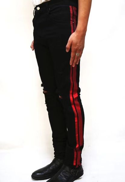 

men distressed glitter side red stripe track jeans skinny denim pants, Blue