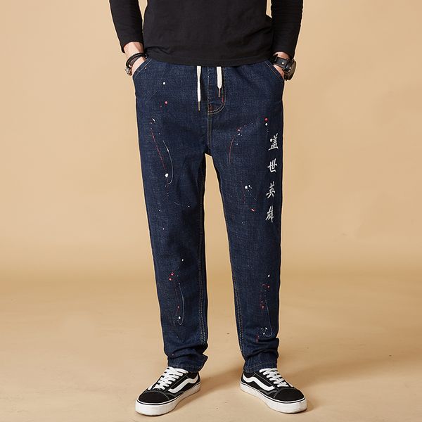 

men jeans pants solid slim motorcycle denim harem pants spring denim trousers masculina vaqueros plus size -8xl for 155kg men, Blue