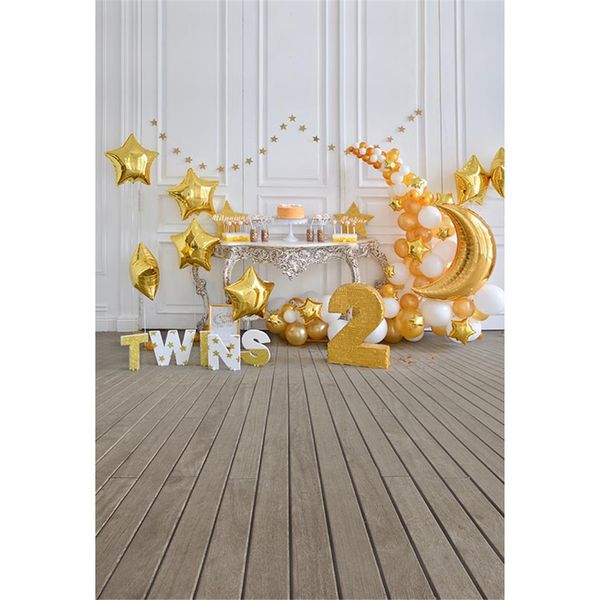 Twins 2nd Birthday Photo Backdrop Pavimento in legno Stampato Palloncini a forma di stella d'oro Muro bianco Baby Kids Party Fotografia Sfondo