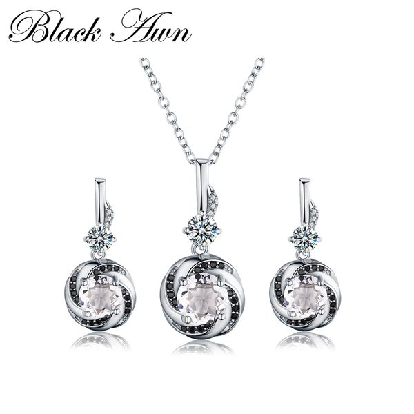 

black awn] 925 sterling silver jewelry sets trendy z engagement wedding flower necklaces & stud earrings for women pt159