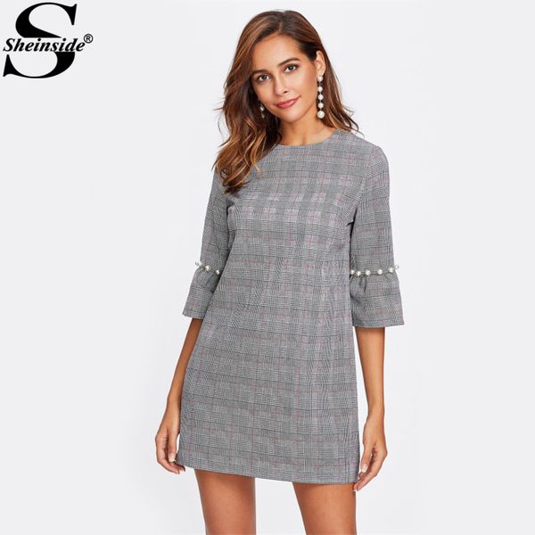 Compre Sheinside Perla Abalorios Flare Manga Vestido A Cuadros 2017 Gris Una Línea 34 Manga Elegante Vestidos De Invierno Mujeres Vestido Elegante A