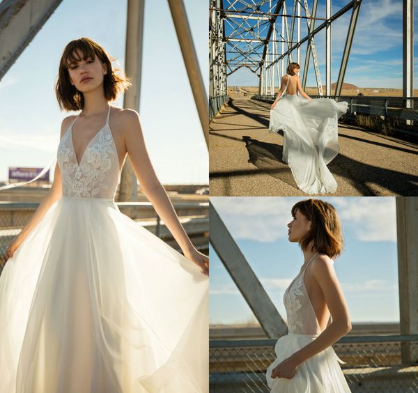 Flora nupcial 2019 vestidos de casamento praia com chiffon uma linha halter backless vestidos de noiva ilusão vestido de casamento vestidos de novia