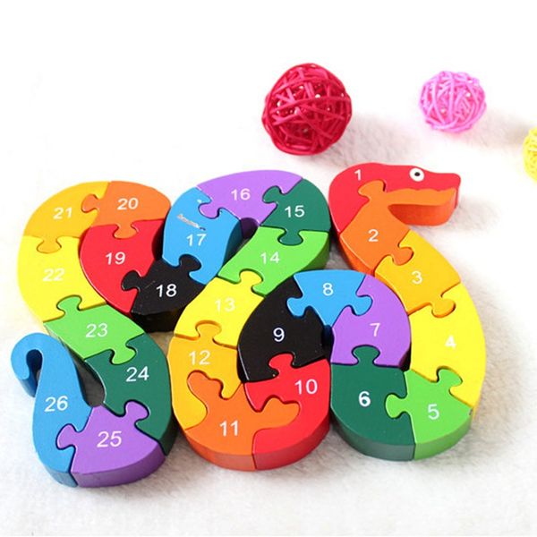Baby Kids Children Wooden Toys Alphabet Number Building Jigsaw Puzzle Snake Shape Funny Digital Puzlzle Game C Plastic Blocks For Toddlers