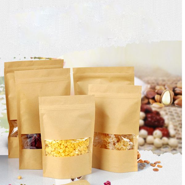 

9 Size Food Moisture-proof Bags Snack Cookie Pouch Ziplock Packing Bag Kraft Paper Bag with Clear Window for Dried Food Nuts Candy Packaging