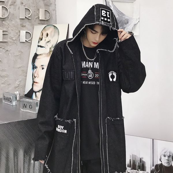 

new 2018 men's clothing personality destroys fashion print long hat overcoat men's loose hip hop cowboy windbreaker jacket, Tan;black