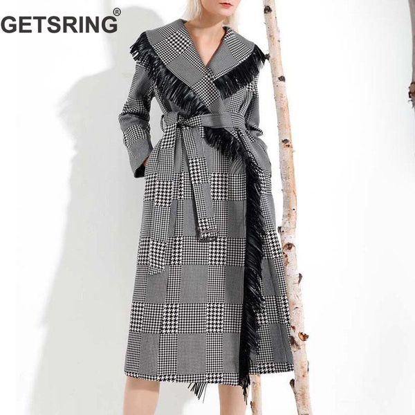 

getsring women coat plaid tassel spliced double faced wool coat long sleeve lace up woolen overcoat all match long 2018 new, Black