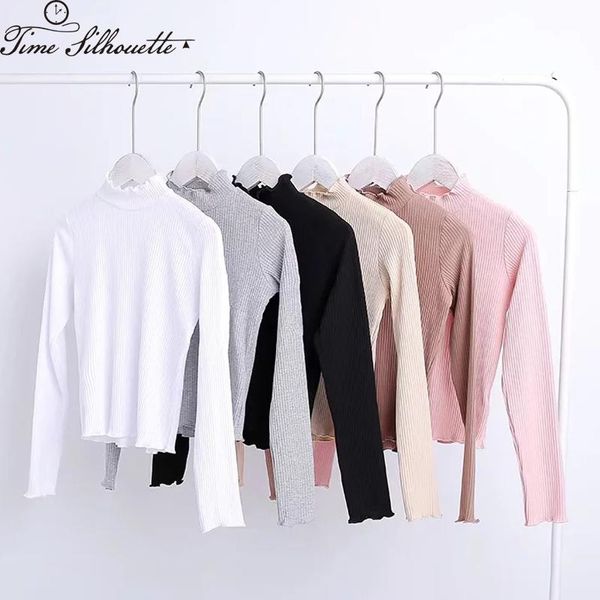 

2018 autumn winter long sleeve short pullovers kintted women girl fashion slim sweaters crop solid o-neck sweaters m973, White;black