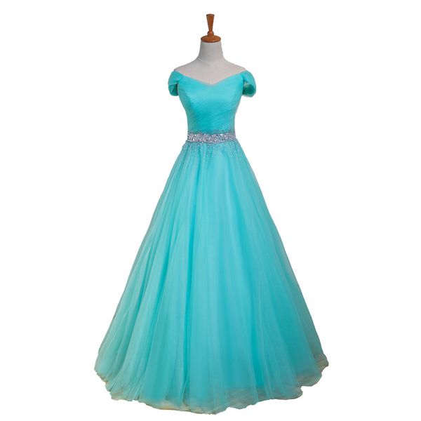 

bateau neck floor length quinceanera dresses 2019 crystal stones waist tulle prom dresses new prom gowns, Blue;red