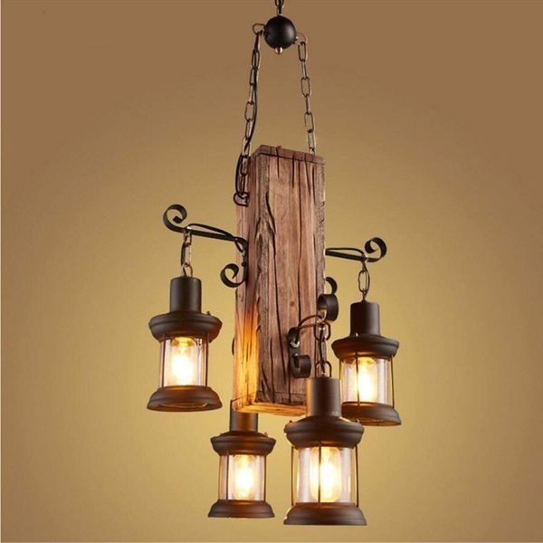4 Heads Industrial Vintage Retro Wooden Metal Painting Chandelier