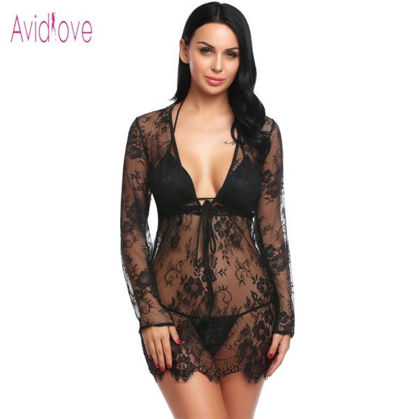 Avidlove Sexy Lace Babydoll Dress Lingerie Erotic Hot Sex Costume Donna Sex Lingerie manica lunga da notte con reggiseno perizoma Y18102206