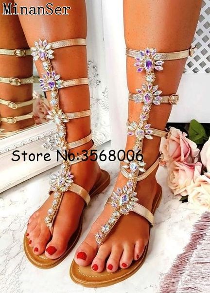 

shinny bohemia style flat clip toe sandals summer crystal long boots woman shoes rhinestone knee high gladiator sandals boots, Black