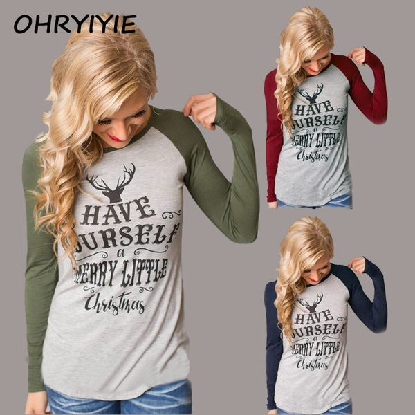 

ohryiyie 2017 autumn winter long sleeve t shirt women christmas deer letter printed t-shirt female casual patchwork tees femme, White