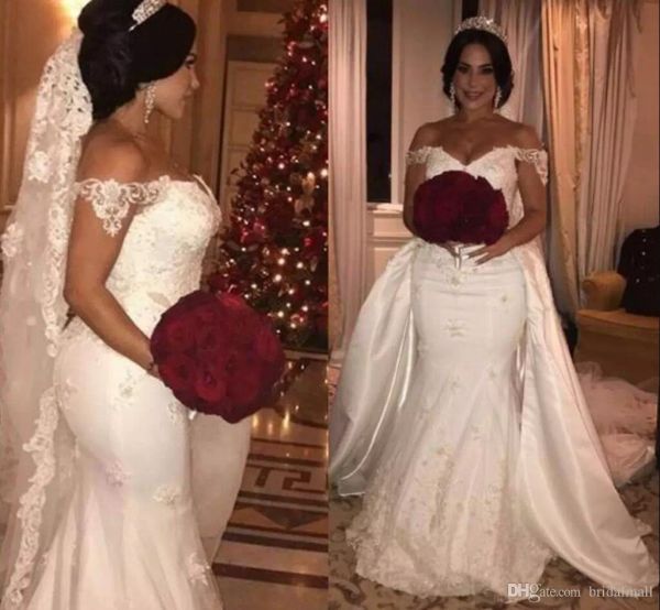

vintage appliques lace mermaid overskirt wedding dresses off shoulder bridal gowns plus size custom made wedding gowns, White