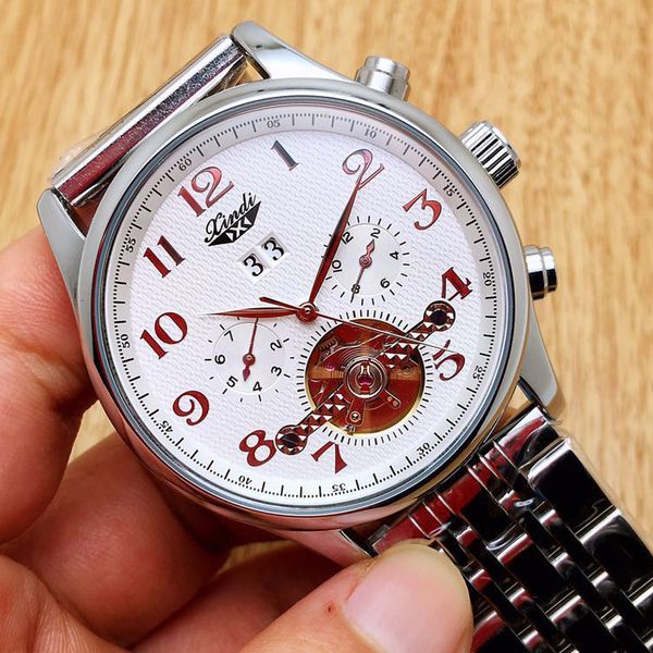 

wengle new fashion flywheel multifunction solid steel strip fully automatic calendar hollow luxury gift dress mechanical watches, Slivery;brown