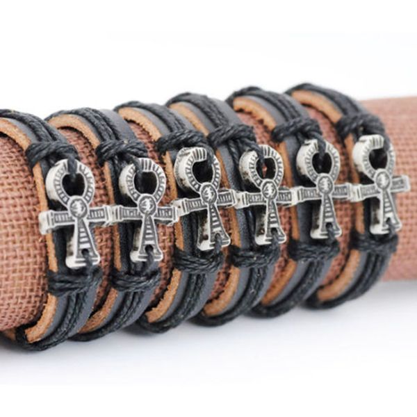 

jewelry wholesale lot 12pcs ancient egyptian symbol of life ankh leather bracelets bangles lucky amulet gifts for men women mb84, Black